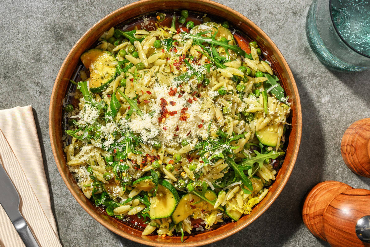 Super Green Chicken Pesto Orzo Salad