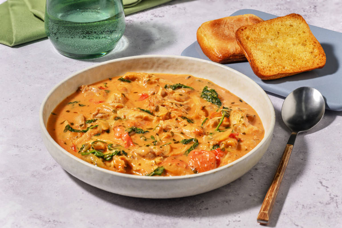 One Pot Tuscan Inspired Creamy Pulled Chicken Stew