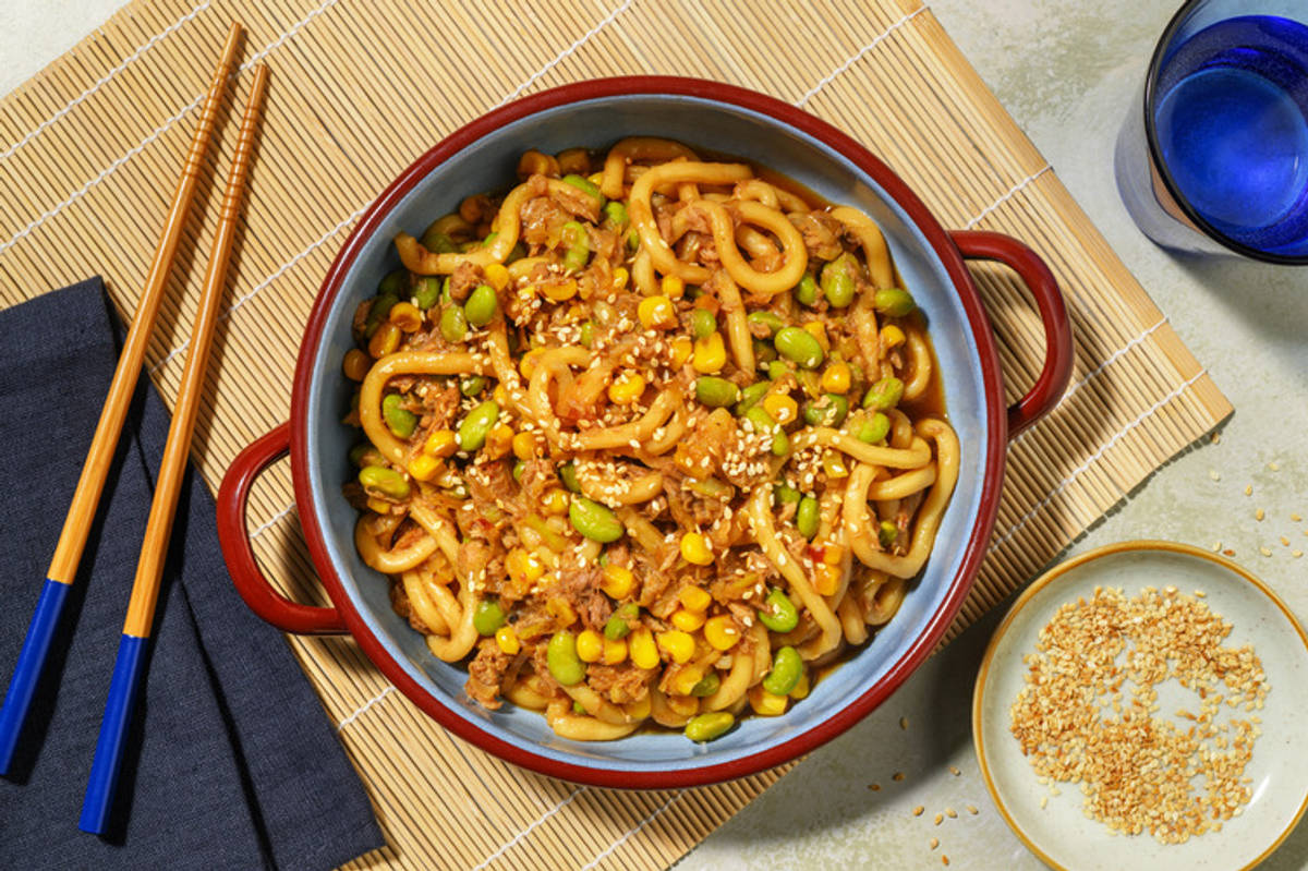 Sweet Sesame Tuna Noodles with Gyoza