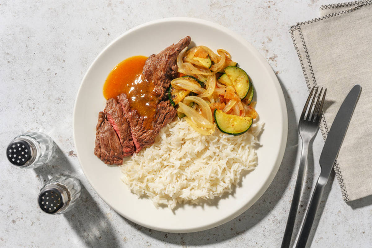 Ternera en salsa de membrillo con arroz integral