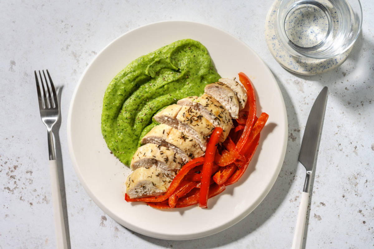 Pollo a la miel con puré verde de patata y espinaca