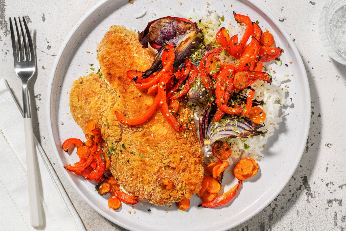 Pangasius pané au panko et légumes laqués en sauce soja