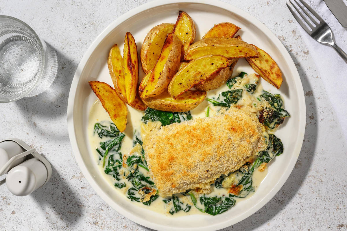 Seehecht in Spinat-Lauch-Soße aus dem Ofen