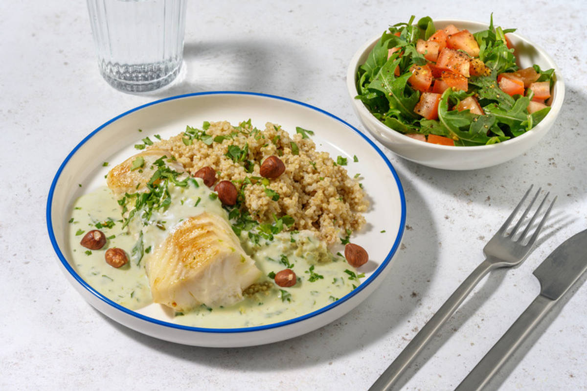 Extra de merluza con salsa fresca de cilantro y coco