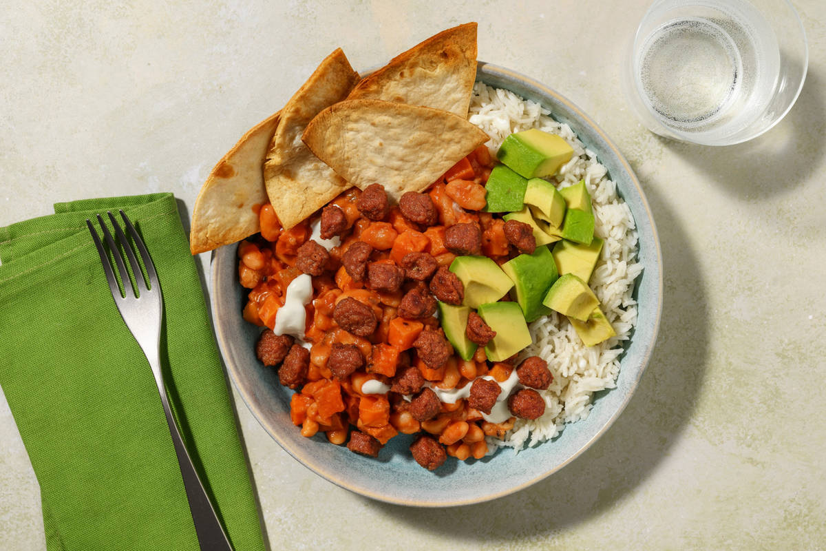 Mexican Style Sweet Potato, Chorizo and Butter Bean Chilli