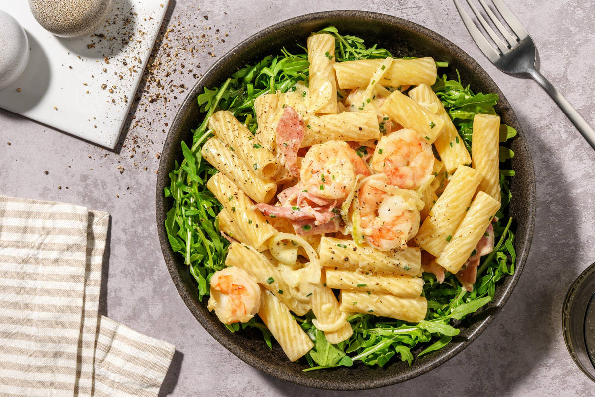Rigatoni terre-mer : crevettes & jambon
