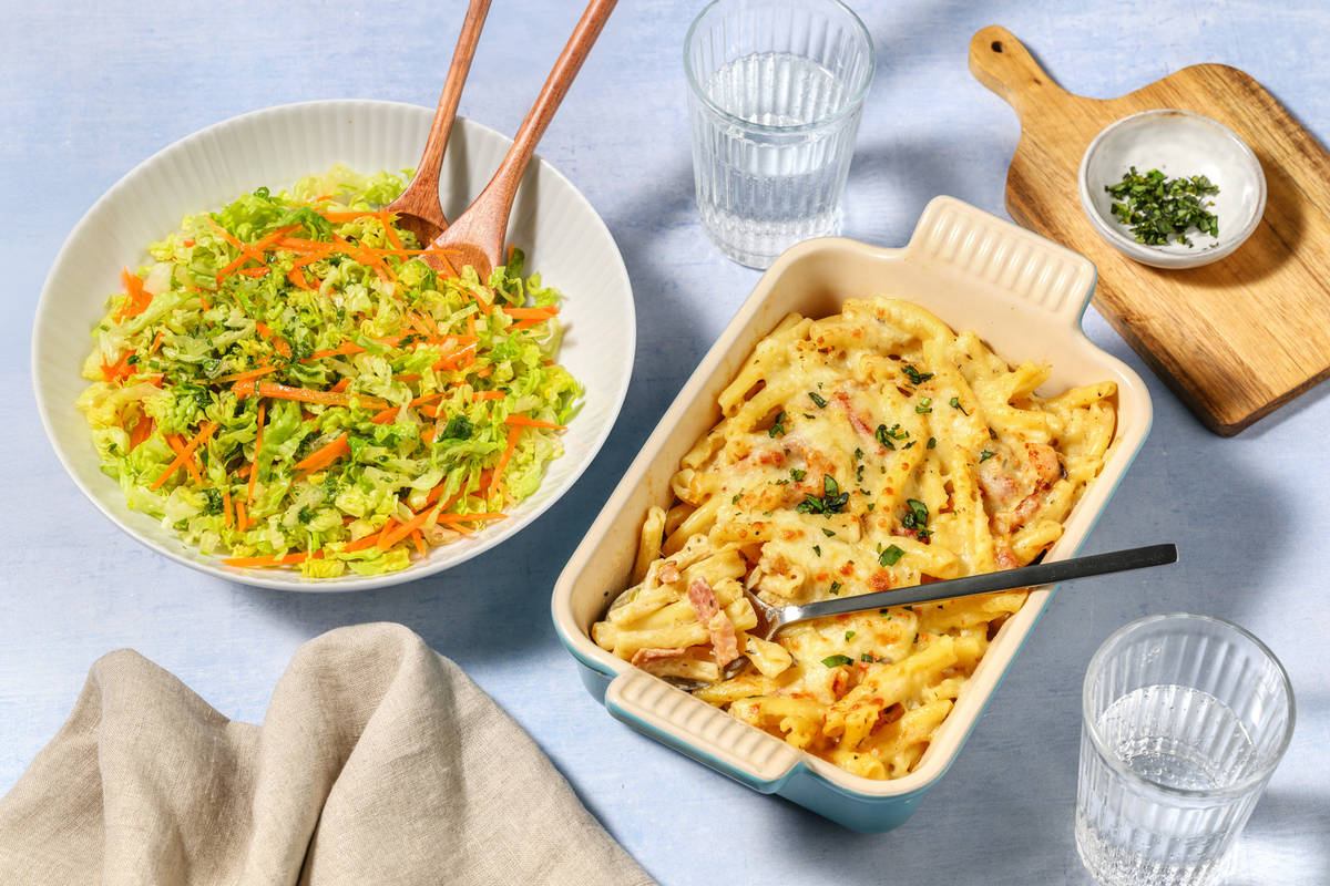 Gratin gourmand : fusilli complets aux lardons