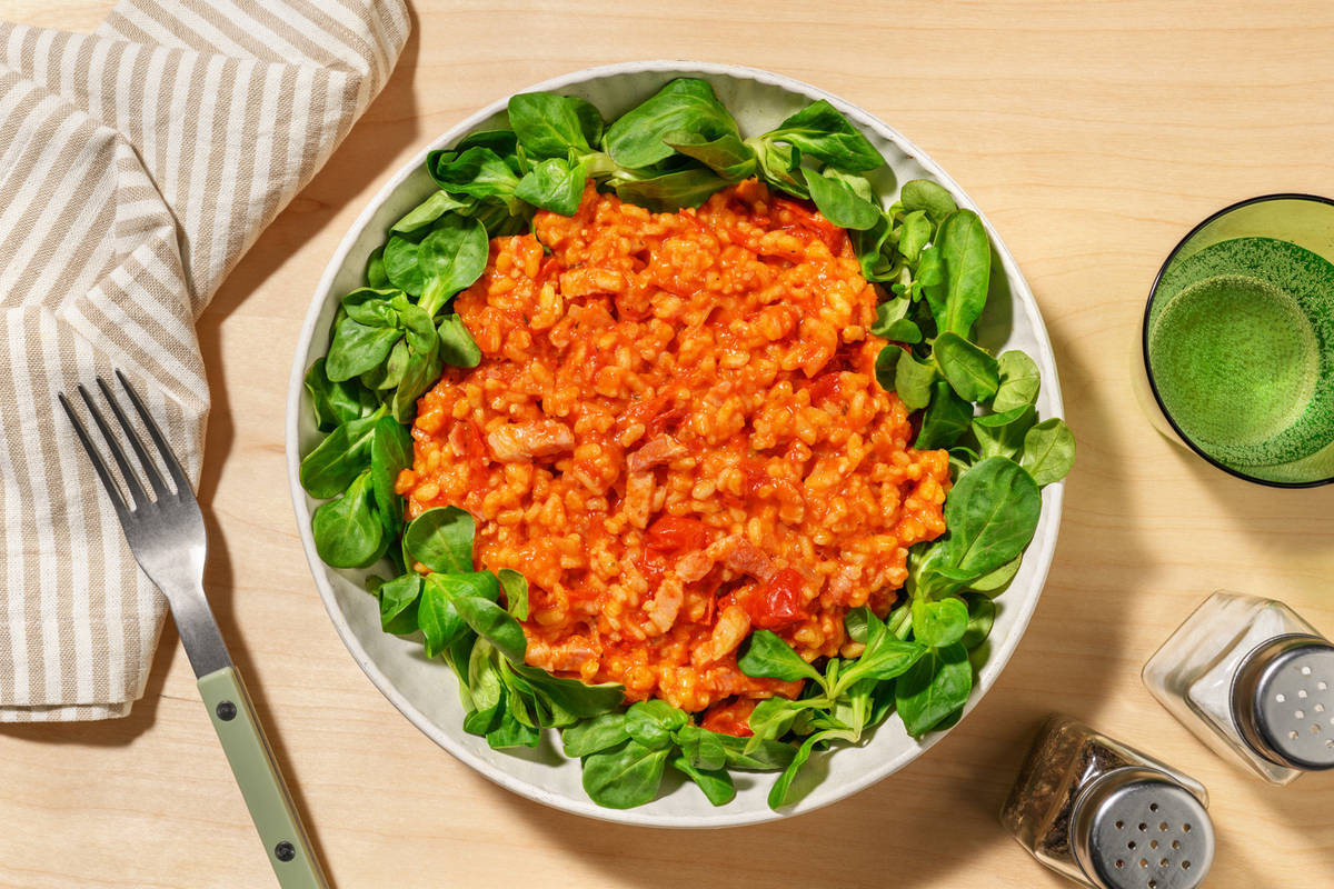 Risotto aux lardons, tomate & pesto rosso