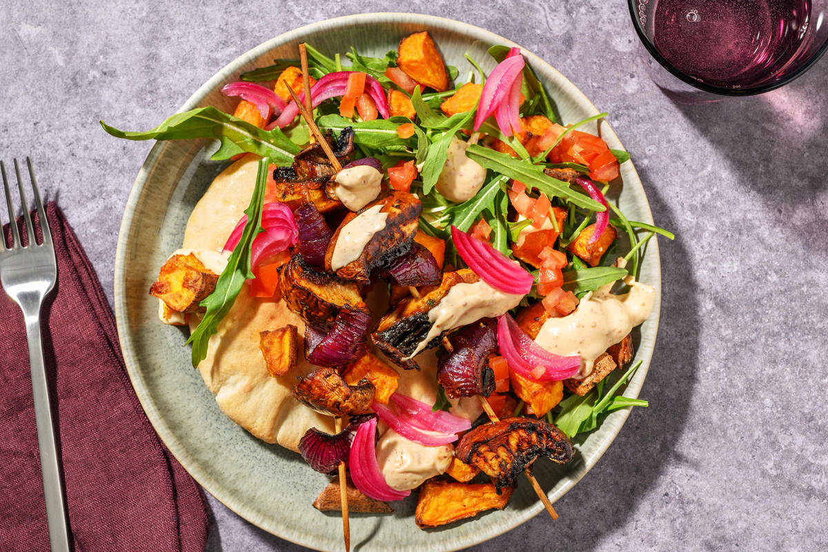 Portobello Mushroom Shawarma Skewer Flatbreads