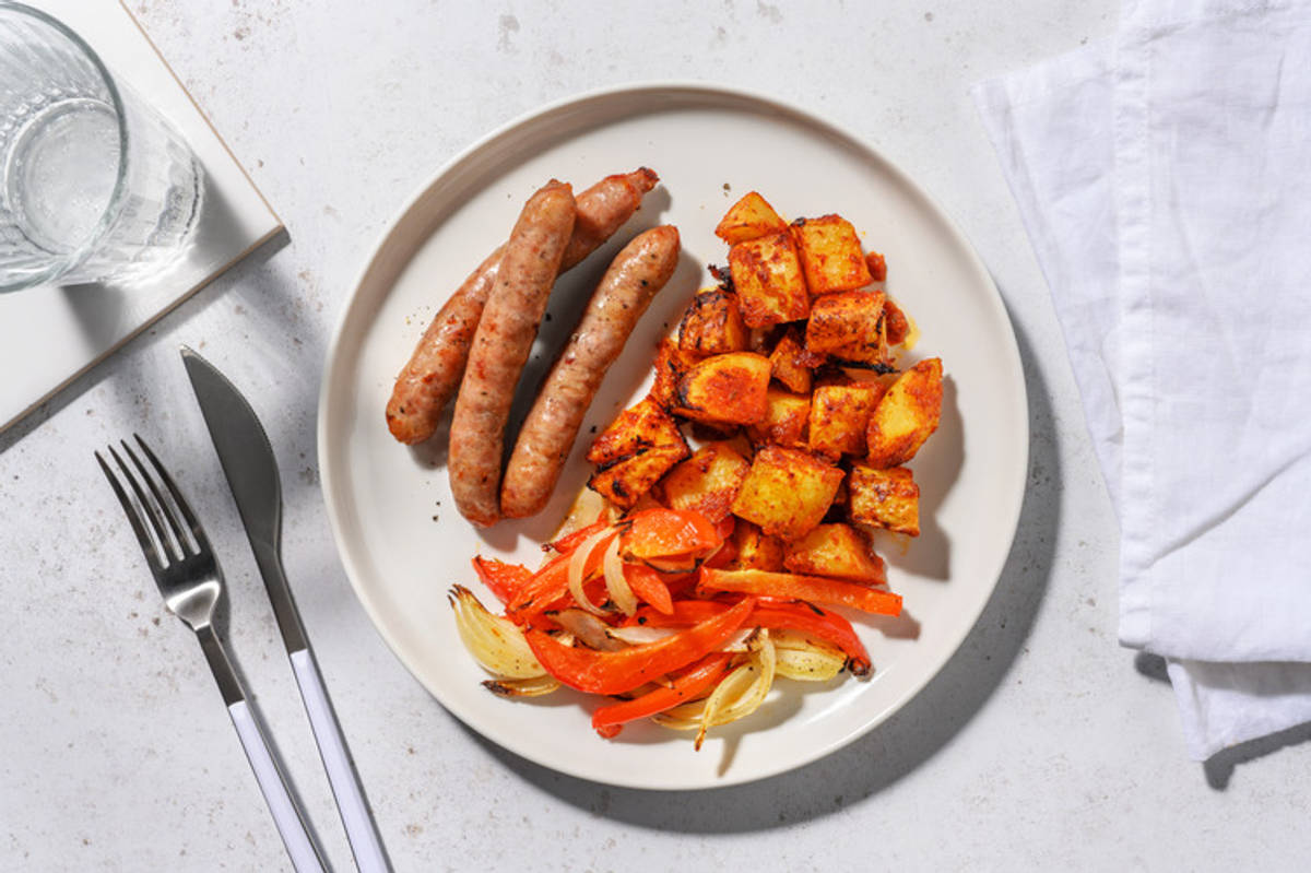 Salchichas con patatas al kimchi