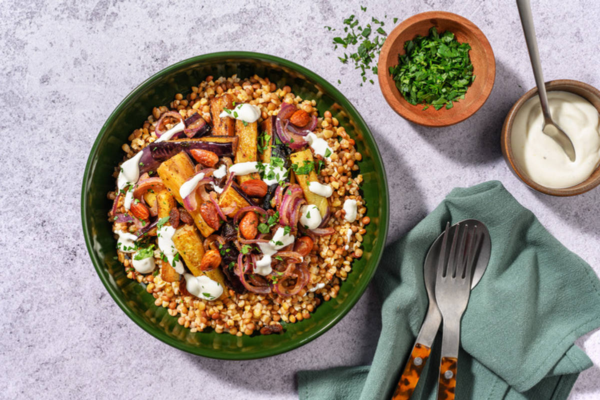 Aubergine braisée  & boulgour à la marocaine