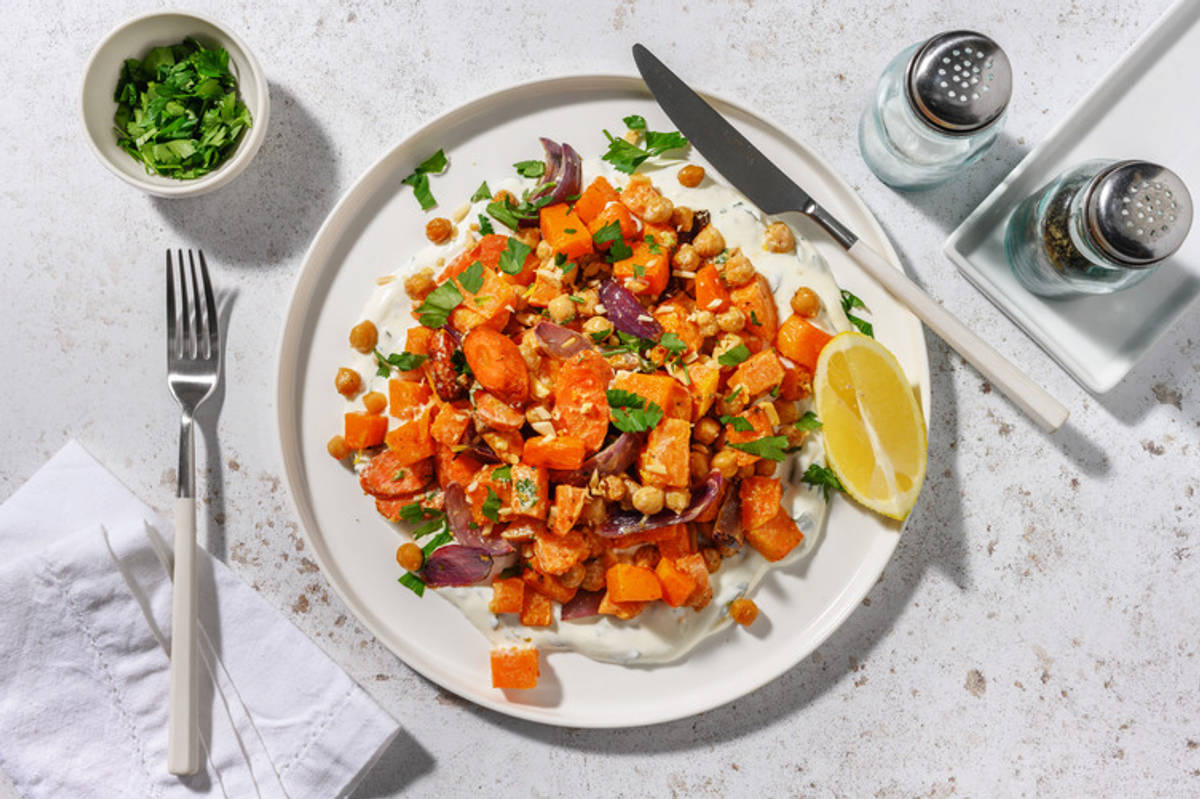 Pois chiches & légumes rôtis au labneh