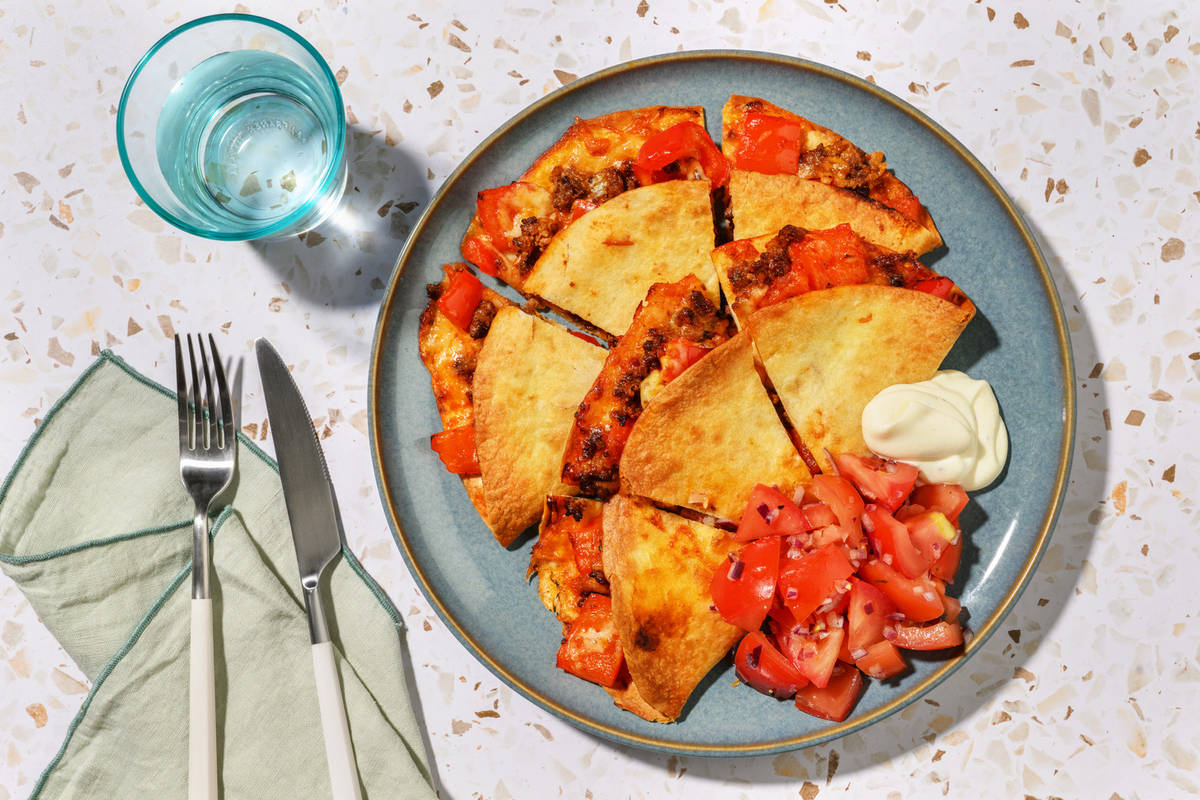 Quesadillas veggie au haché végétal, cheddar & crema