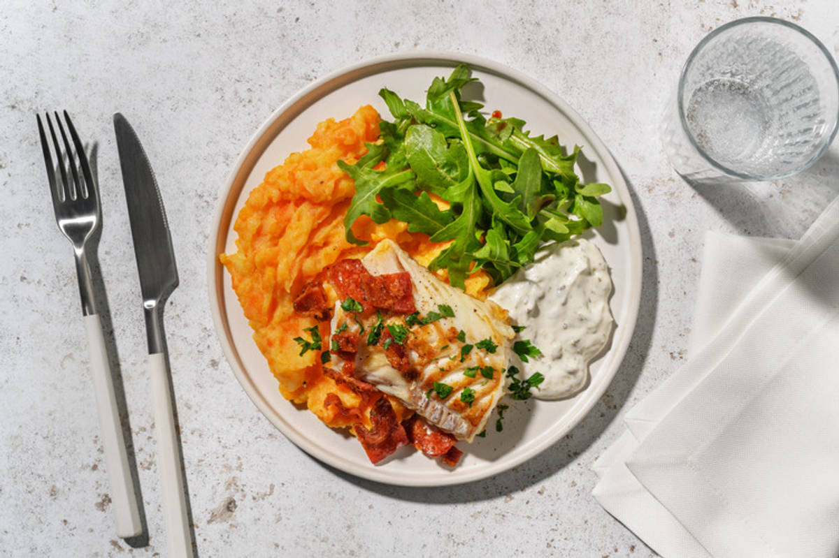 Lieu au paprika, lard & purée de carotte