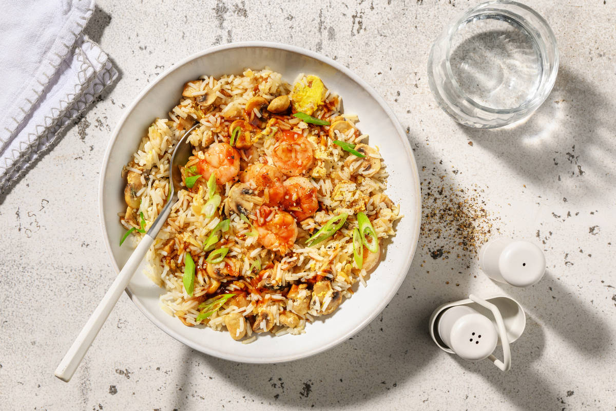 Riz sauté crevettes & champi à la chinoise