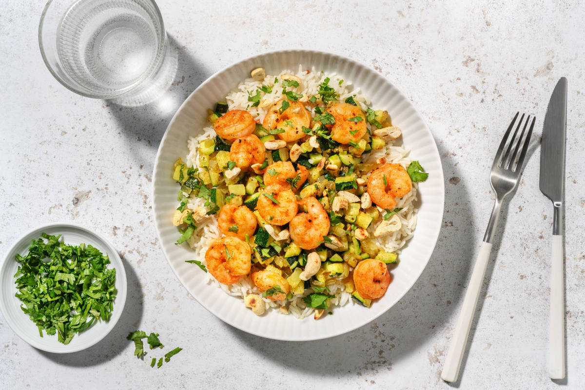 Bowl de saison aux crevettes & courgette sautées