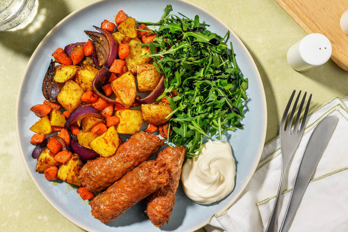 Italian Style Veggie Sausages and Pesto Roasted Veg