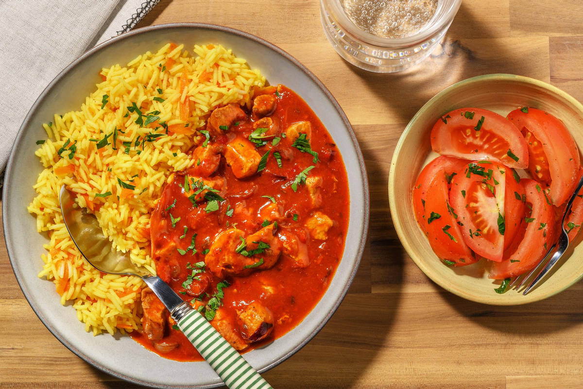 Schaschlik-Pfanne mit Karotten-Reis