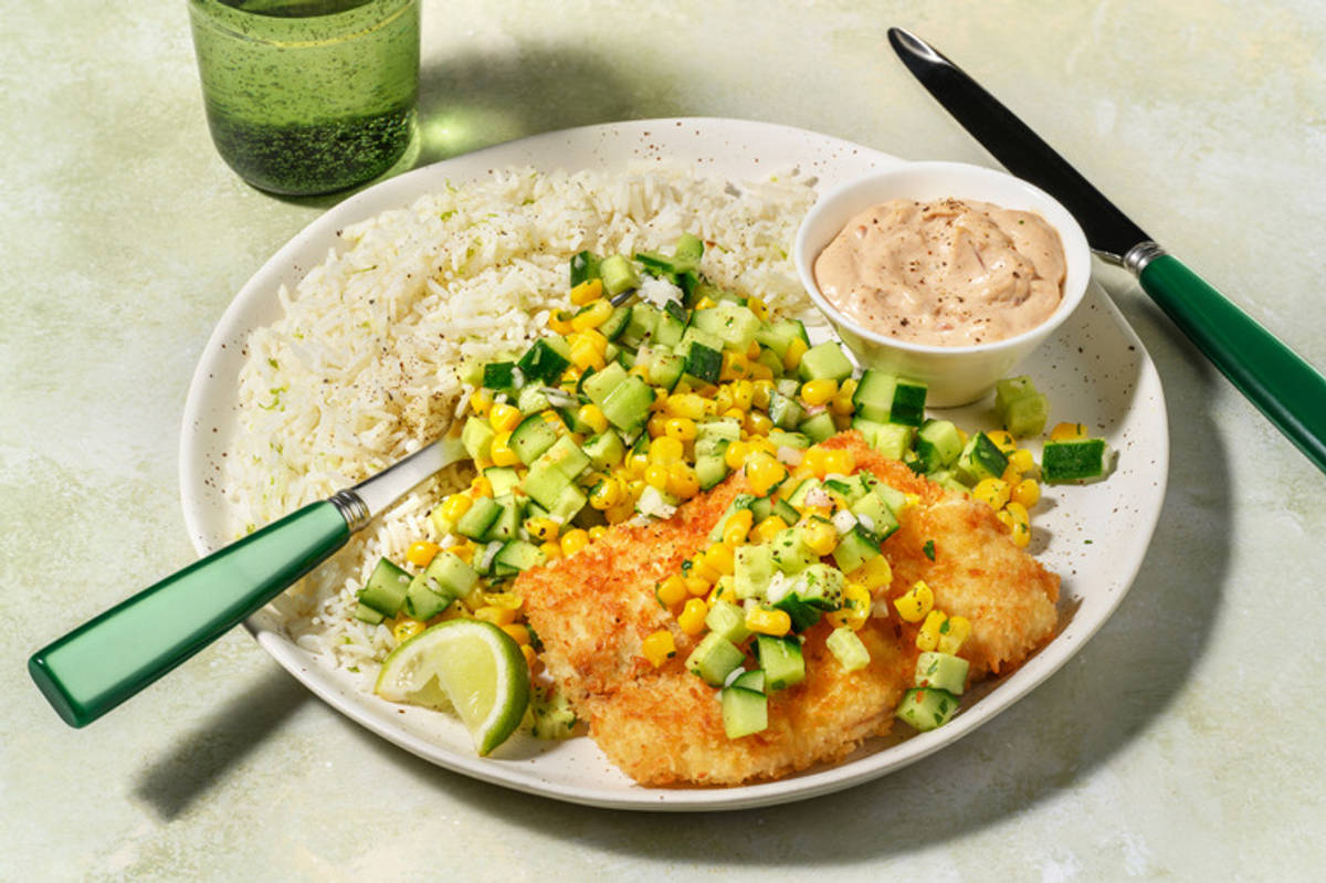 Lieu pané à la coco & salsa de maïs-concombre