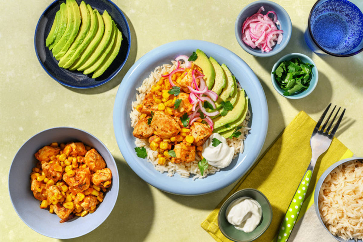 Burrito bowl tex-mex épicé au poulet