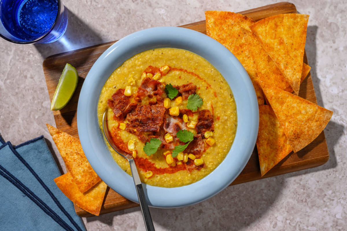 Soupe maïs, lard & chips de tortillas