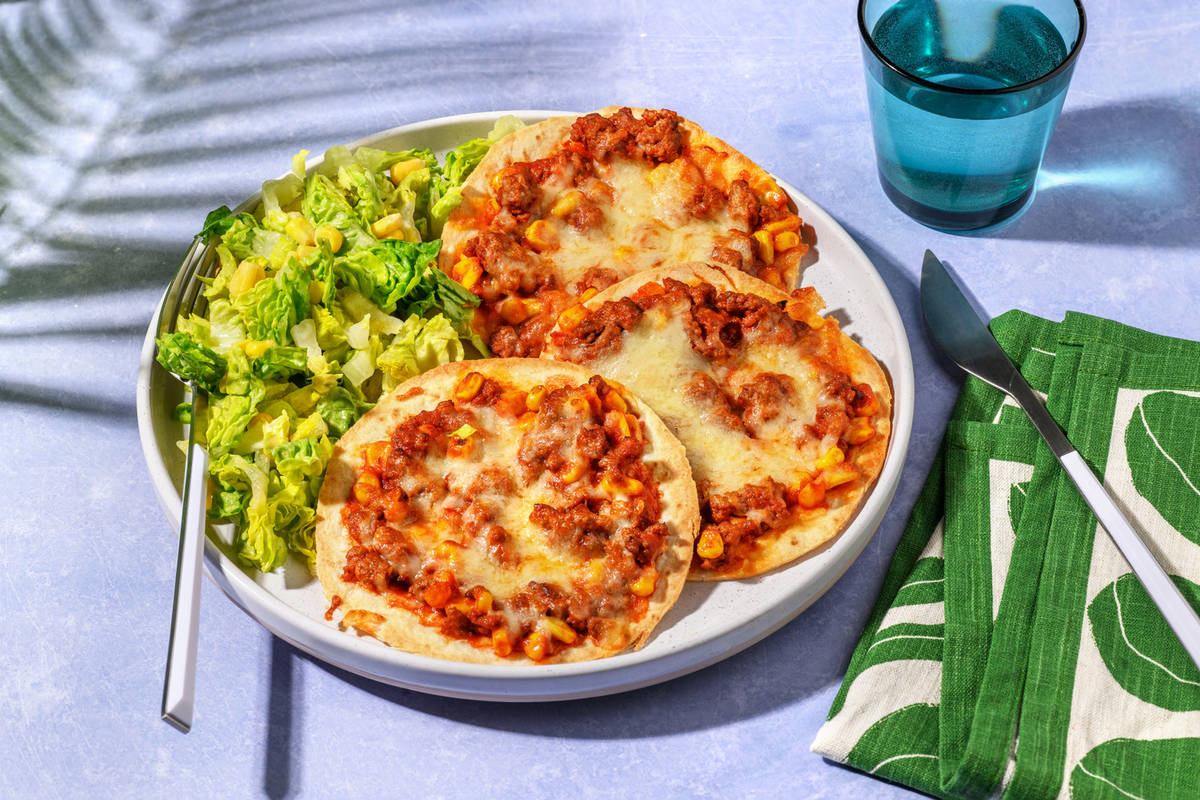 Tostadas tex-mex au bœuf, tomate & cheddar