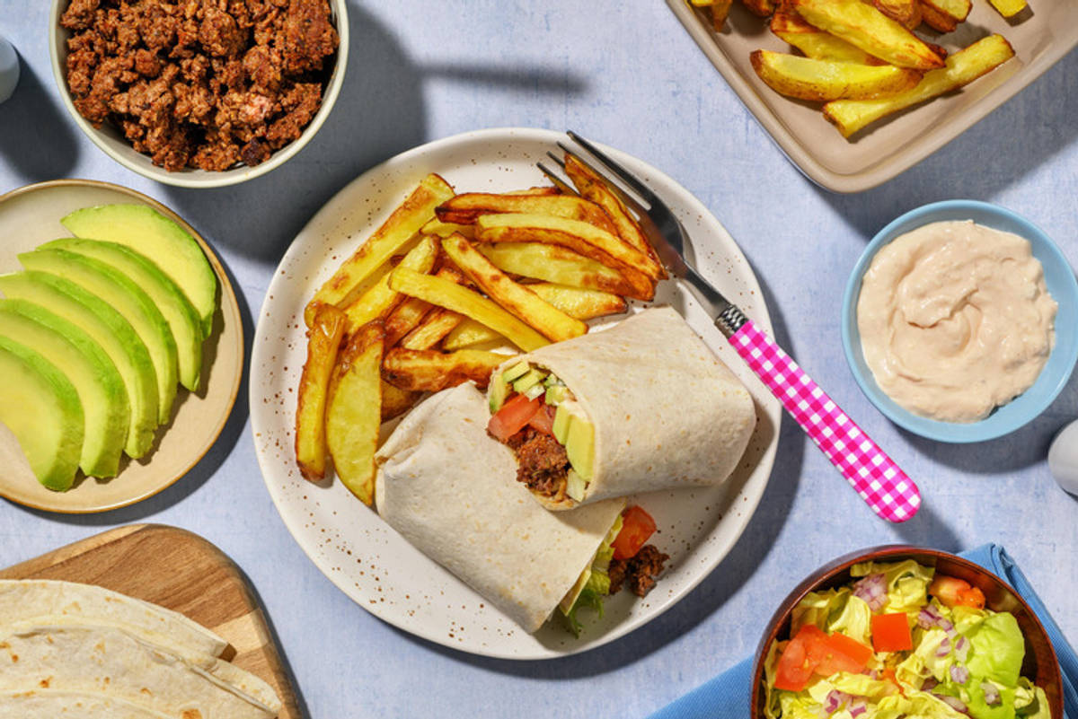 Cheeseburgarwraps på nötfärs och pommes