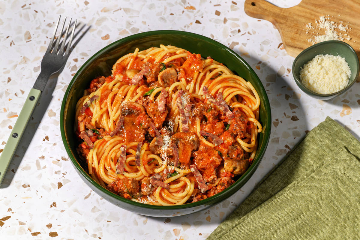 Speedy Bacon, Lamb and Mushroom Spag Bol