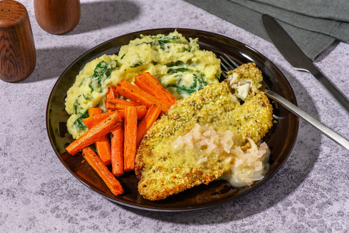 Pesto Crusted Basa and Garlic Butter Sauce