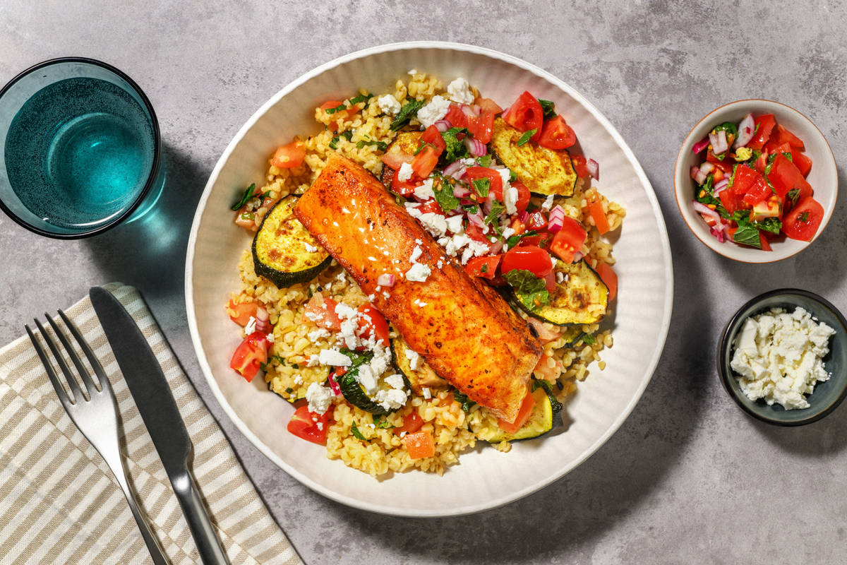 Chermoula Salmon and Matbucha Inspired Tomato Salsa