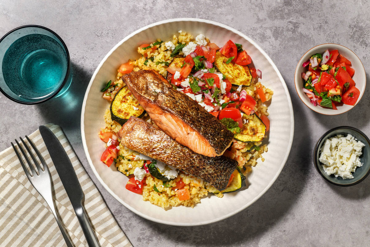 Chermoula Double Salmon and Matbucha Inspired Tomato Salsa