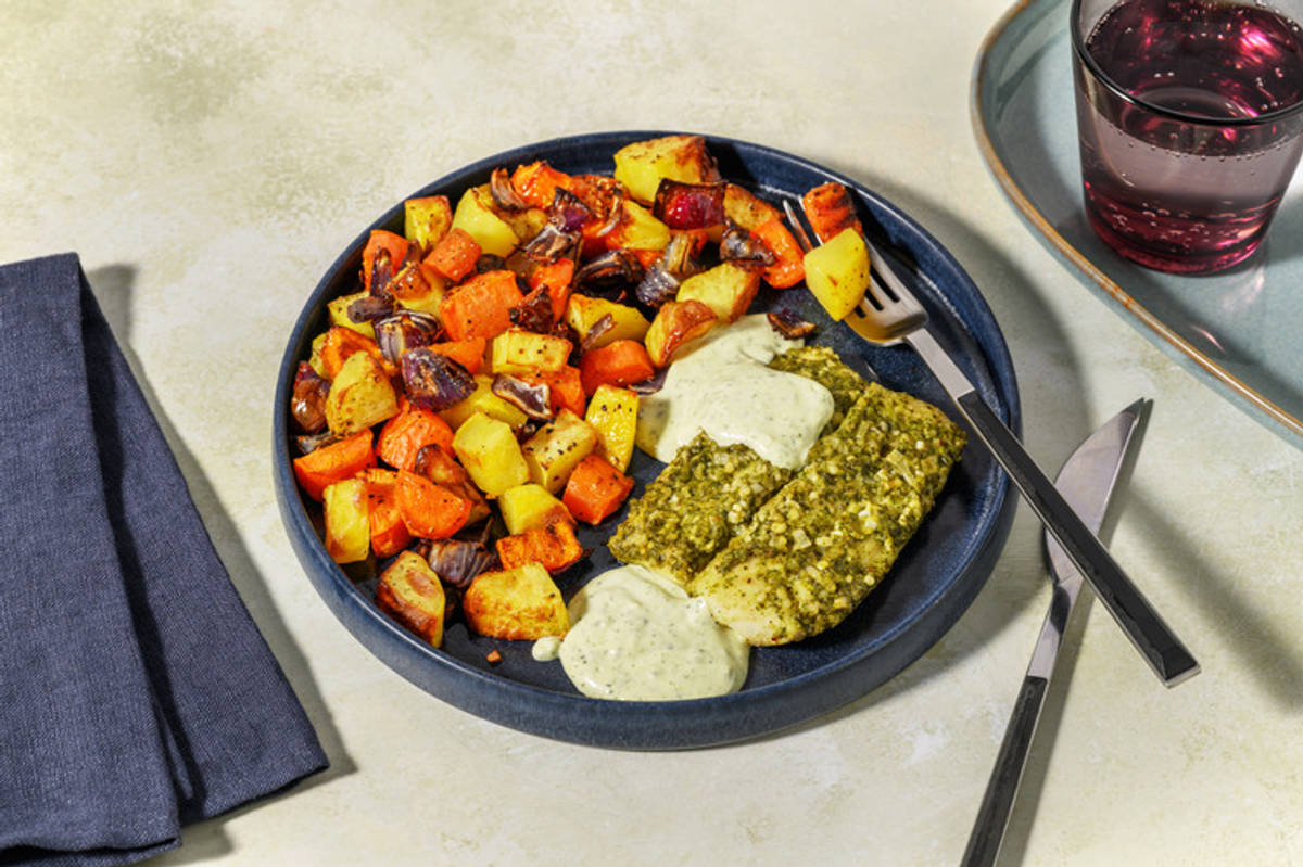 Lieu papillote, mayo & légumes rôtis