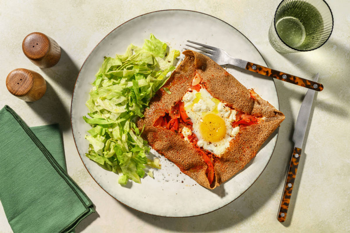 Galette bretonne, piperade au piri piri & chèvre