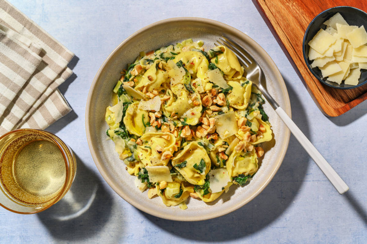 Tortelloni aux champis, épinards & poireau