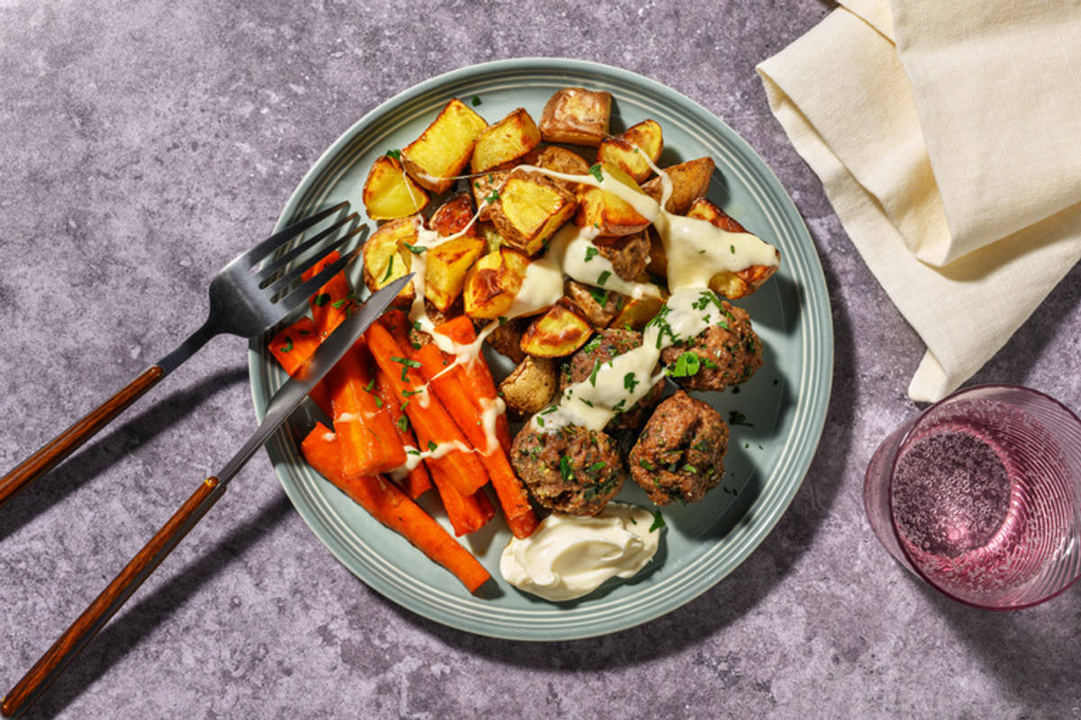 Lean Beef Meatball and Roast Potato Bake