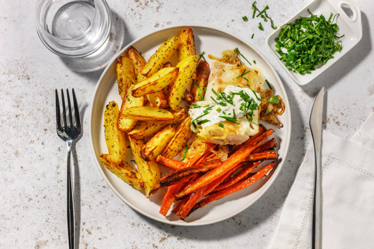 Lieu poêlé, potatoes & sauce blanche aux herbes