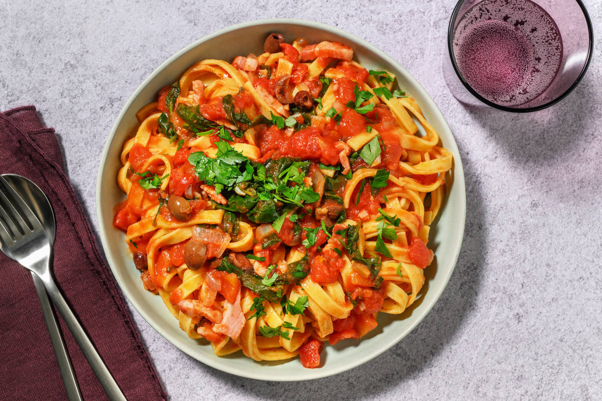 Pâtes aux olives & lardons façon puttanesca