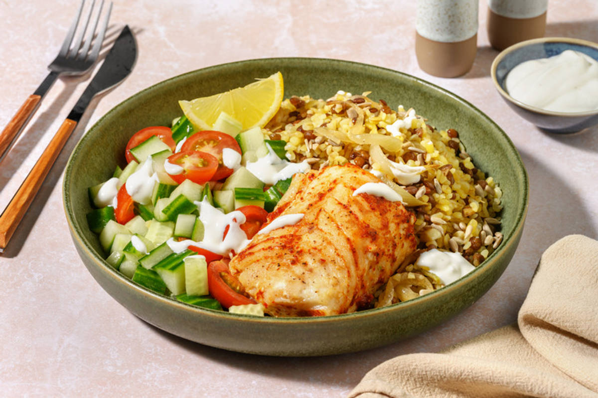 Harissakryddad torsk på mujadara-sallad