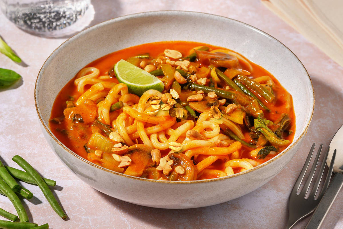 One Pan Red Thai Style Prawn Coconut Udon Soup