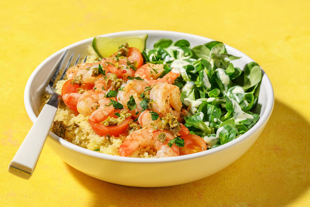 Zaatar-Crevetten mit Kapern auf Couscous
