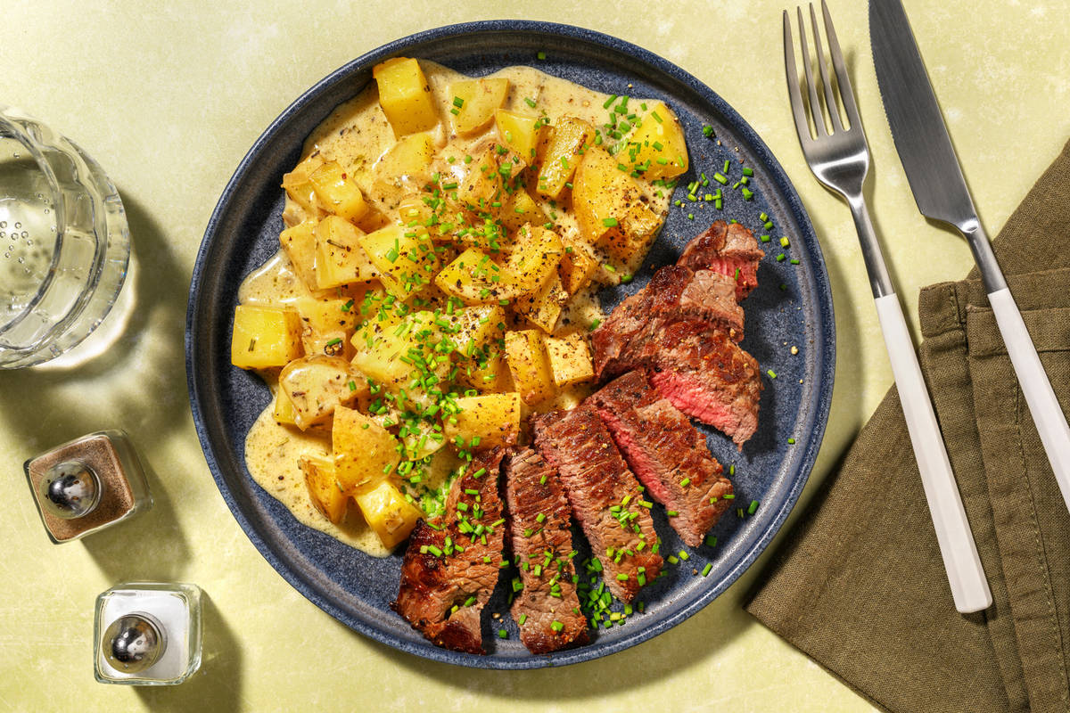 Tagliata di scamone e patate alla panna