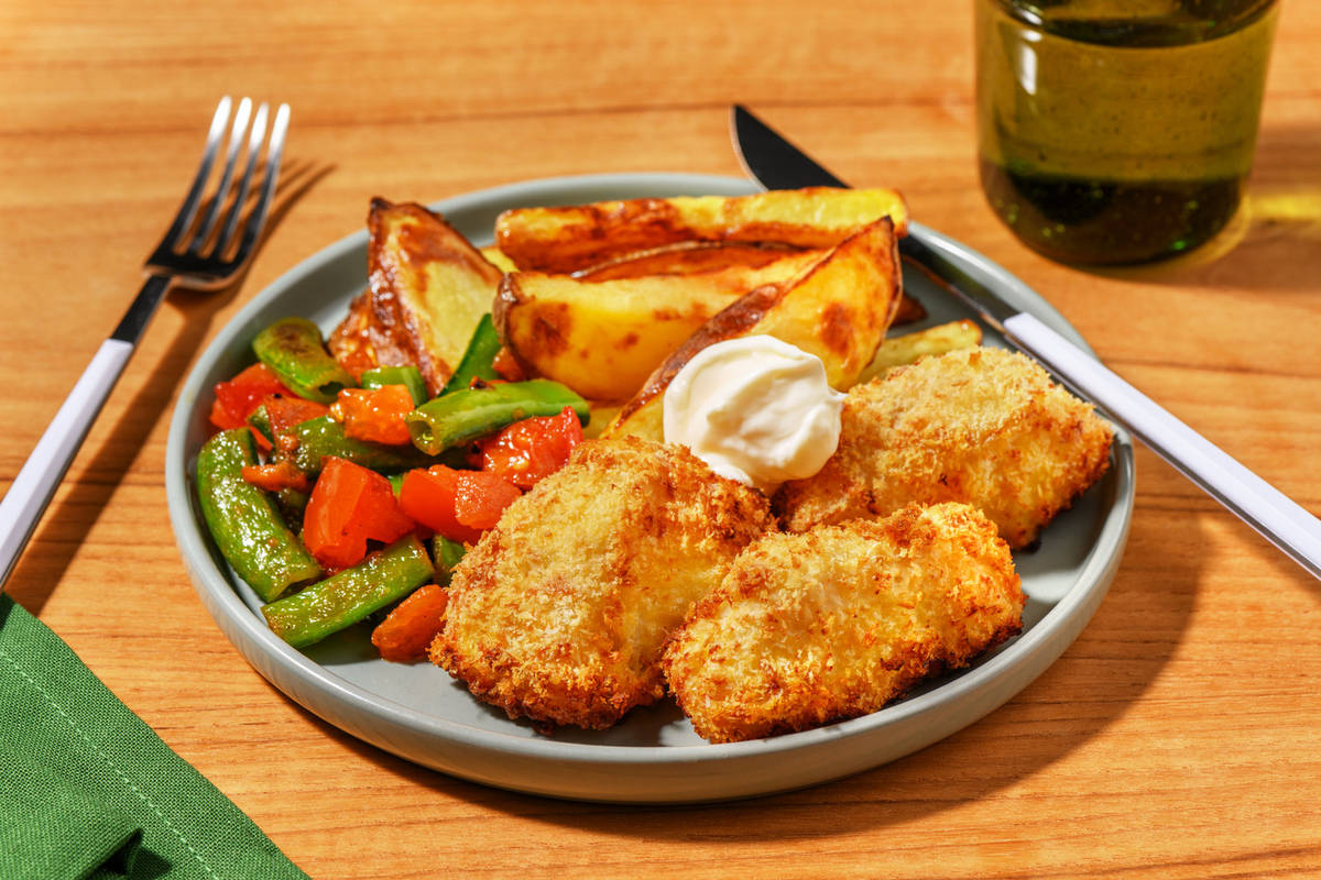 Pepite di pesce 'fritte' al forno e patate