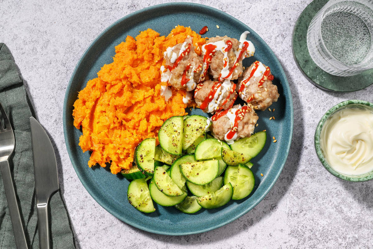 Drachenfeuer Hackbällchen mit Süßkartoffelstampf