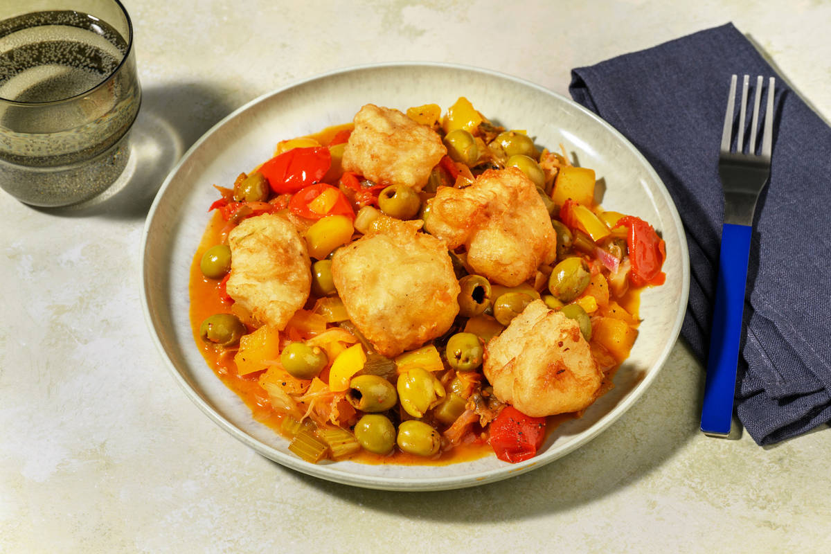 Merluzzo in pastella e caponata di peperoni