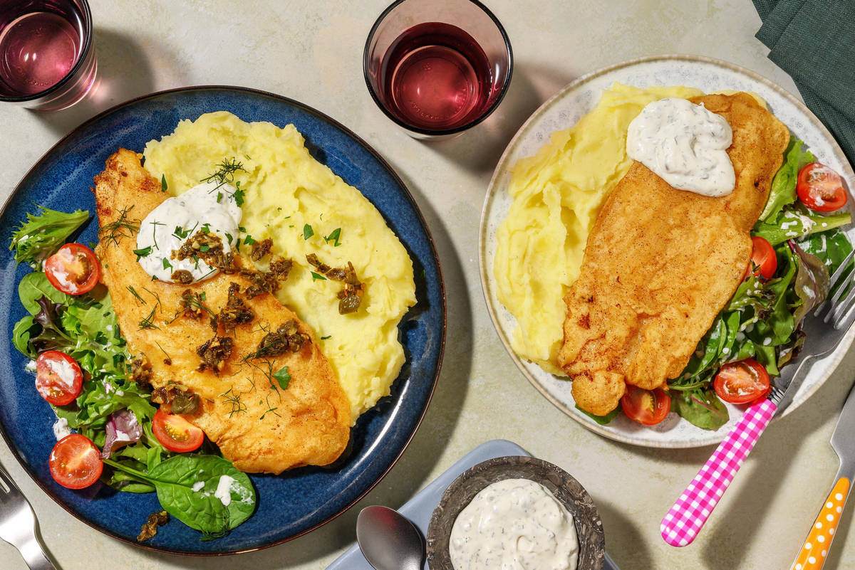 Backfisch für alle! Dazu Kartoffelstampf & Salat
