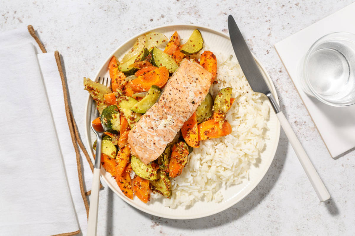 ¡En papillote! Salmon con verduras a la mostaza