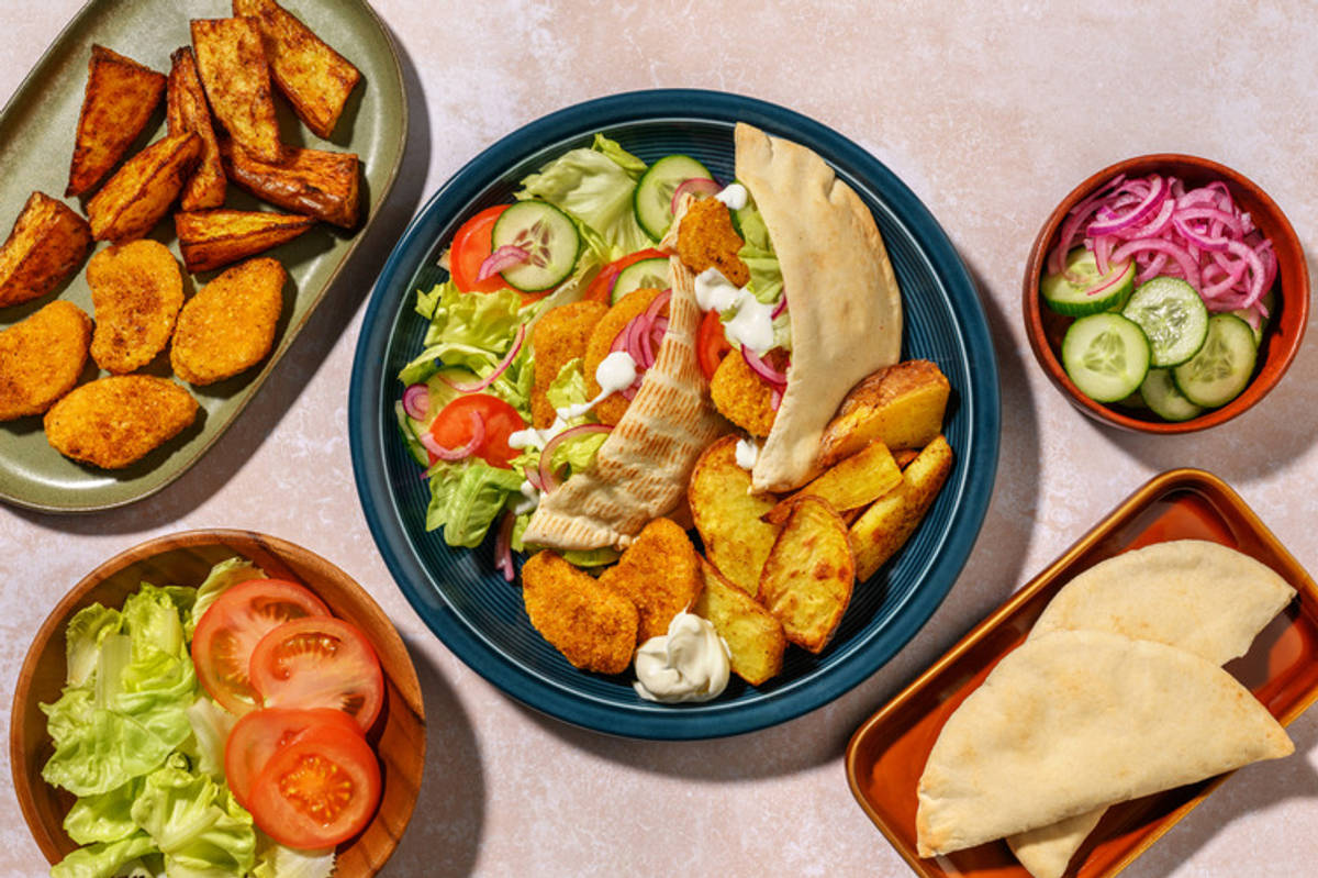 Vegonuggets i pita med BBQ-klyftpotatis