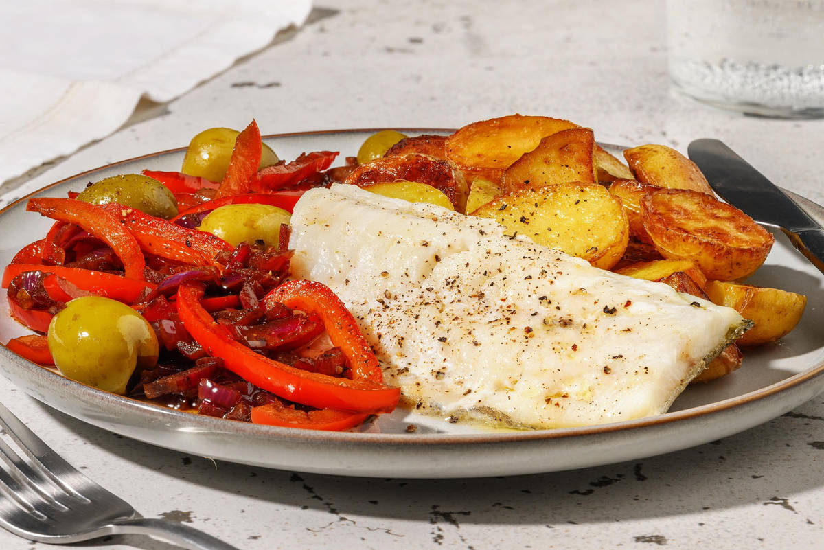 Hake with Mediterranean-Style Stewed Peppers