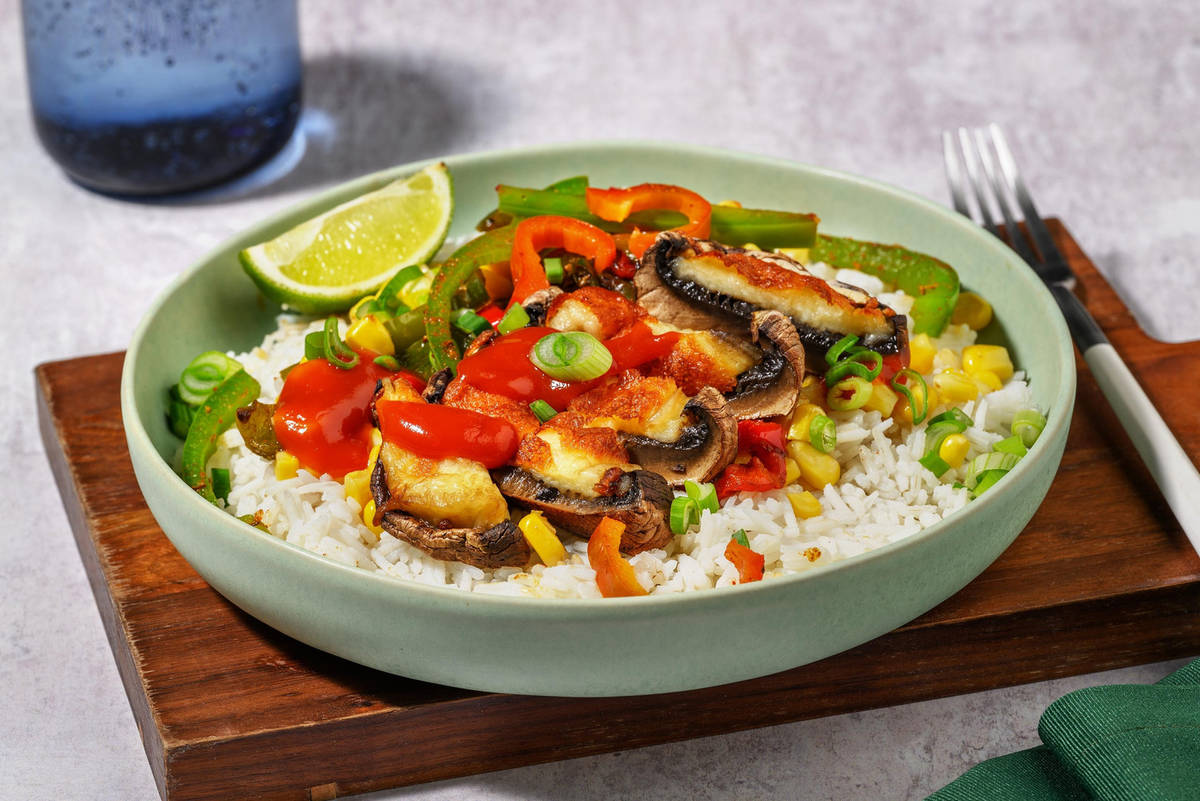 Fajita Bowl mit gratinierten Portobellos