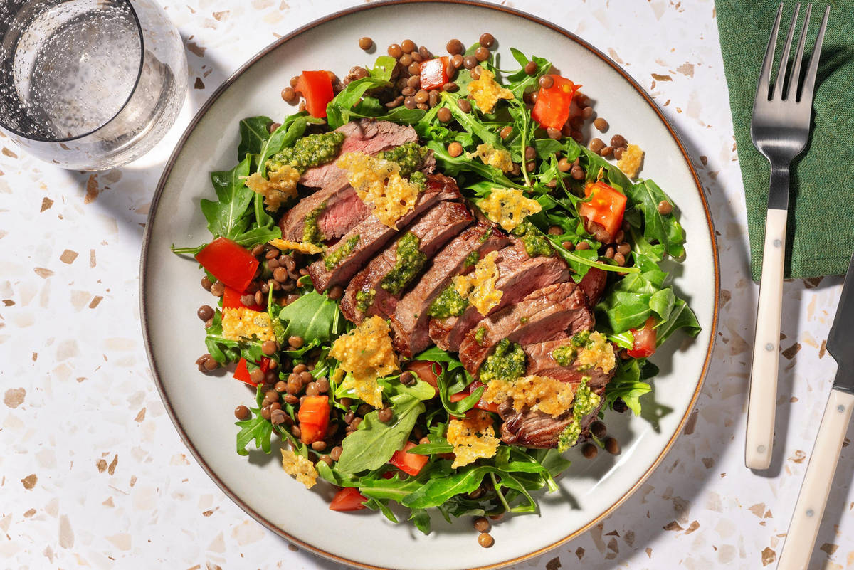 Scamone di manzo in insalata di lenticchie